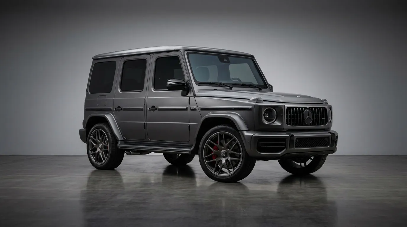 A Mercedes-AMG G63 in a satin-matte graphite wrap, lit in a photography studio